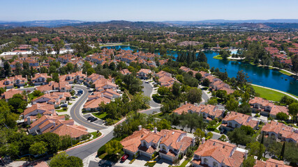Fototapeta na wymiar Aerial view of an affluent neighborhood in Rancho Santa Margarita, California, USA.