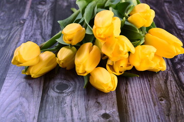 Obraz premium bouquet of yellow tulips on the background of an old gray wooden board, copy space. Valentine's Day, Woman's Day and Mother's Day concept.
