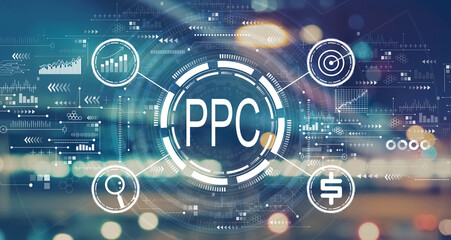 PPC - Pay per click concept with blurred city abstract lights background