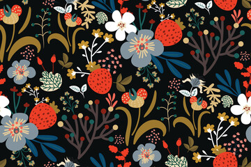 Beautiful floral pattern in vintage folk style. Hand-drawn flowers, leaves, berries on a dark background. Creative botanical backdrop for prints, wallpapers, fabrics, covers... Vector illustration.