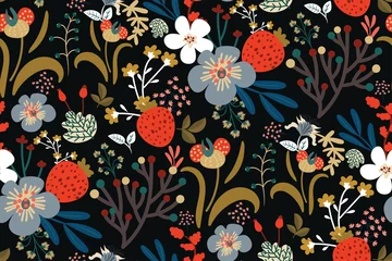 Peel and stick wall murals Vintage Flowers Beautiful floral pattern in vintage folk style. Hand-drawn flowers, leaves, berries on a dark background. Creative botanical backdrop for prints, wallpapers, fabrics, covers... Vector illustration.