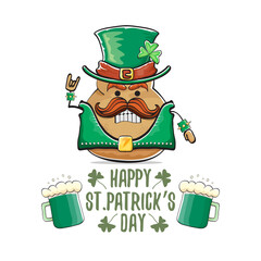 Happy Saint Patricks day greeting card with funky leprechaun rock star potato character with green particks hat and beer isolated on white background. Rock n roll hipster vegetable funky character