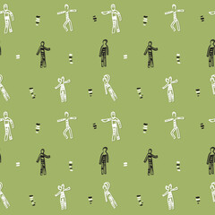 Abstract pattern with hand-drawn people on a green background. Modern Art. Vector graphics
