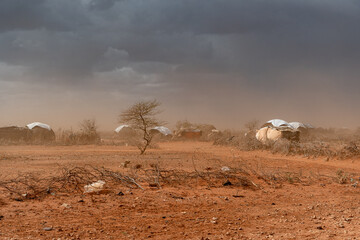 Sandstorm in Somali Region, Ethiopia, dust, sand with dark clounds on dry arid soil.