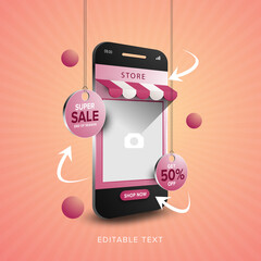 Online shopping promotion on mobile app concept for social media post template