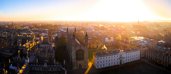 The aerial view of Kings college in Cambridge, a city on the River Cam in eastern England