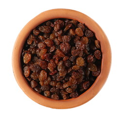 Raisins in clay pot isolated on white background, top view