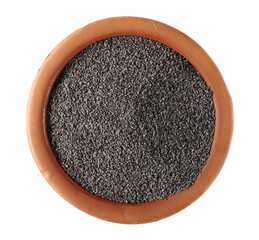 Poppy seeds in clay pot isolated on white background, top view