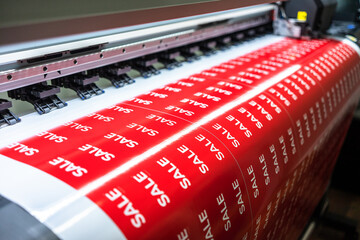 Printing press, prints stickers with the inscription sale. White letters on a red background.