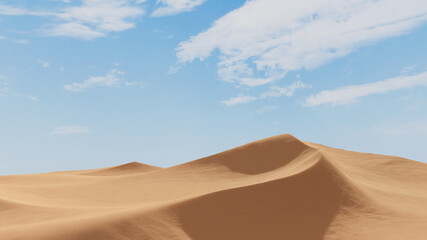 Fototapeta na wymiar Abstract beautiful landscape with desert dunes mountains with clouds bright foggy sky in blue white and orange color. Sahara Desert, Morocco, Africa. Minimal clean nature background. 3D Render. 
