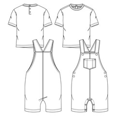 Baby Boys 2 Pieces Set fashion flat sketch template. Technical Fashion Illustration. Knit Overall and Short Sleeves Tee Shirt 