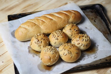 Just baked bread loaf and buns with sunflower seeds on baking paper and oven tray