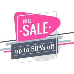 Discount banner design. Template with text: Big Sale, up to 50% off. Pink triangular spot, gray stripes on a white background. Special offer, promotion and advertising. Flat style. Vector illustration