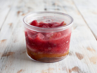 plastic container with a strawberry cake, takeaway food