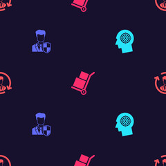 Set Head hunting concept, User protection, Hand truck and boxes and Human resources on seamless pattern. Vector.