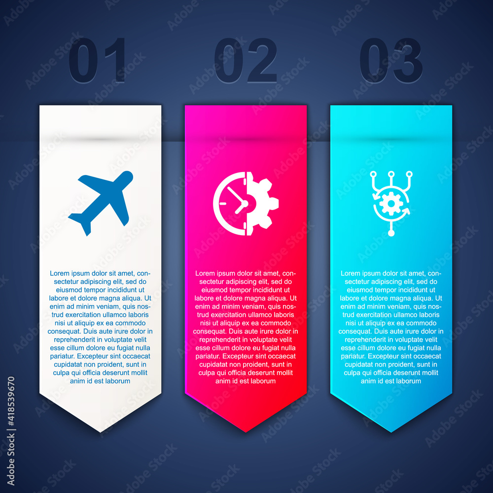 Poster set plane, clock and gear and algorithm. business infographic template. vector.