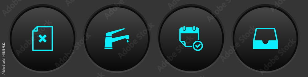Poster set delete file document, water tap, calendar with check mark and social media inbox icon. vector.