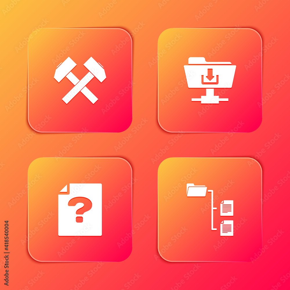 Poster set two crossed hammers, ftp folder download, unknown document and folder tree icon. vector.