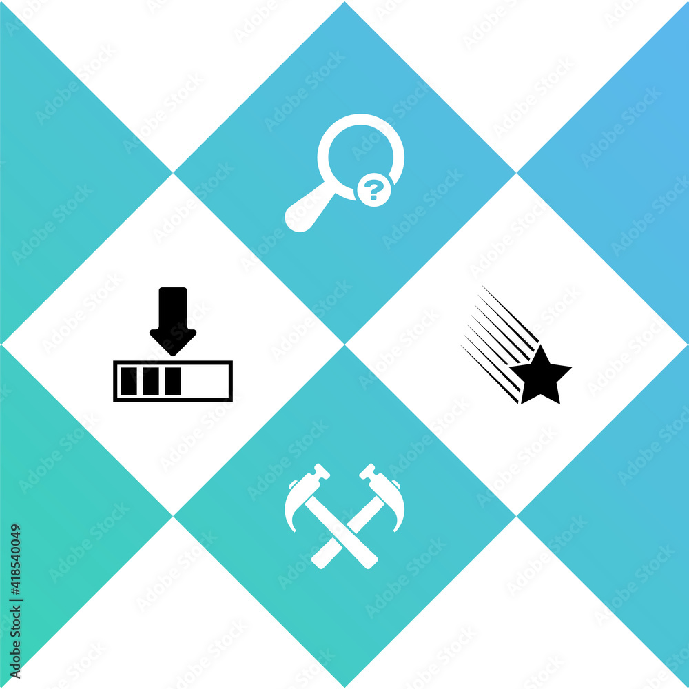 Poster set loading, two crossed hammers, unknown search and falling star icon. vector.