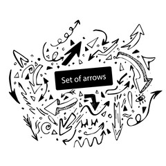 A set of simple doodle or sketch arrows pointing different directions. Vector graphics. Isolated on white background.