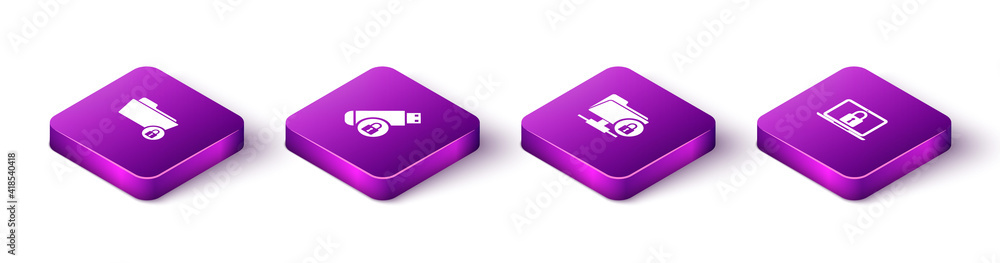 Poster set isometric folder and lock, usb flash drive with, ftp folder and laptop icon. vector.