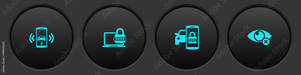 Poster set smart car alarm system, laptop with password, security and invisible hide icon. vector.