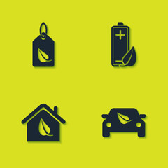 Set Tag with leaf, Eco car drive, friendly house and nature and battery icon. Vector.