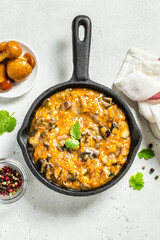 Vegetarian mushroom root vegetable stew in cast iron skillet. Space for text, top view.