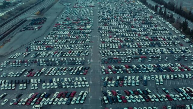 Drone View On Big Airport Or Logistics Car Parking. High Quality 4k Footage