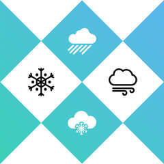 Set Snowflake, Cloud with snow, rain and Windy weather icon. Vector.