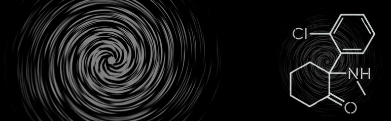 Ketamine. Dissociative ketamine. Chemical formula, molecular structure. Ilustration background for your desigen. K hole.