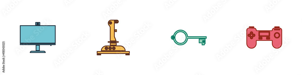 Leinwandbilder set computer monitor, joystick for arcade machine, ancient key game and gamepad icon. vector.