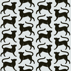 Seamless trendy pattern with graceful cat. Black cat on gray background