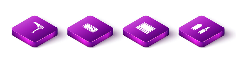 Set Isometric Hair dryer, Bar of soap, Makeup powder with mirror and Lipstick icon. Vector.
