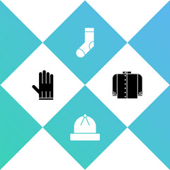 Set Leather glove, Winter hat, Socks and T-shirt icon. Vector.