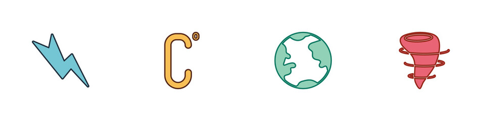 Set Lightning bolt, Celsius, Earth globe and Tornado icon. Vector.
