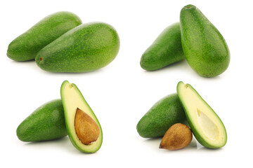 fresh and ripe avocados and some cut ones on a white background