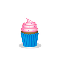 Cupcake in a blue shape with pink icing on a white background. Illustration.
