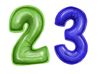illustration of number 23 (illustration of numbers two and three) in green and blue on a white background