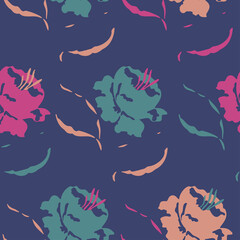 Vector seamless pattern with vivid blooming abstract flowers. Exuberant blossom design.