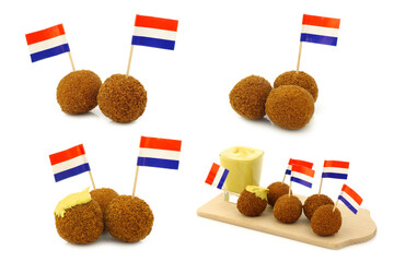 A real traditional Dutch snack called "bitterballen" with a Dutch flag toothpick on a white background