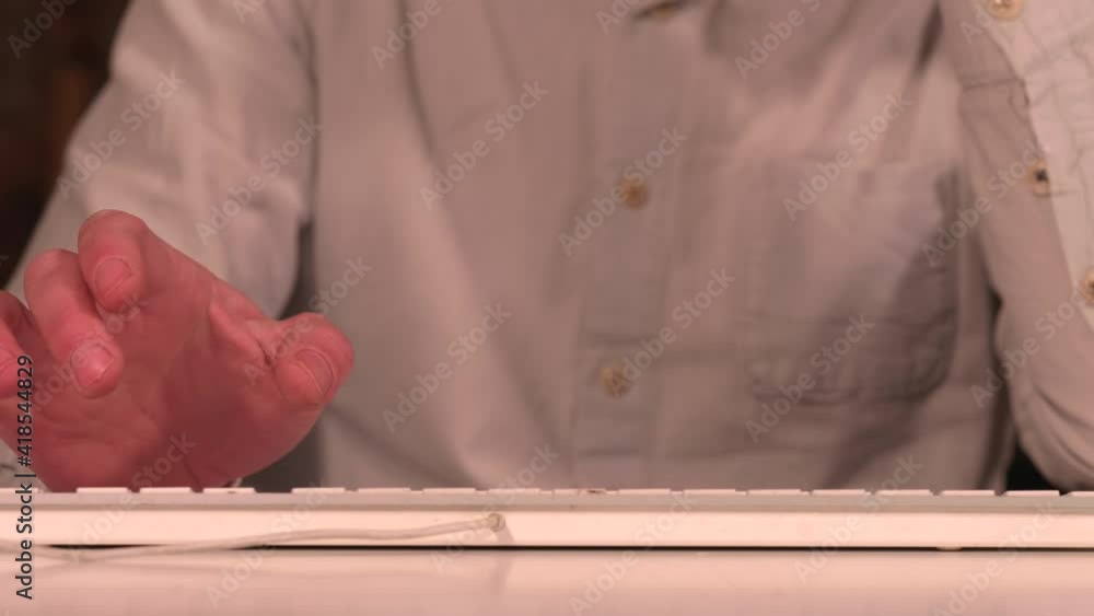 Poster unrecognizable man typing on computing keyboard businessman workplace