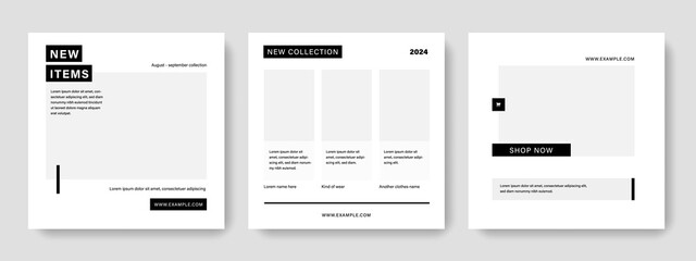 Elegant white and black social media layouts with place for photos, copy space for digital marketing, business promotion of company products