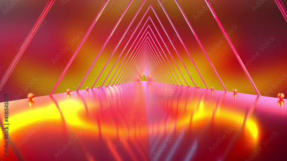 Poster neon road from the triangular arcade and balls, computer generated. 3d rendering of virtual backgrou