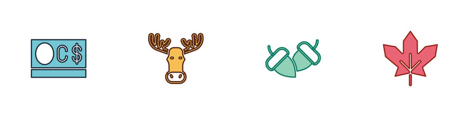 Set Canadian dollar, Moose head with horns, Acorn and maple leaf icon. Vector.