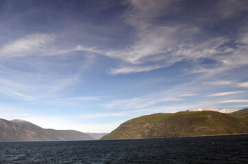 View from the board of Flam - Bergen ferry. Sognefjord, Norway, Scandinavia. Tourism and travel.