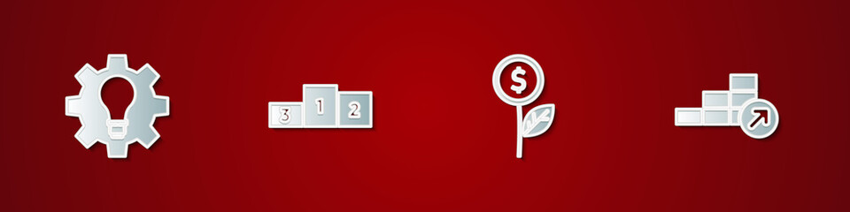 Set Light bulb and gear, Business podium, Dollar plant and Financial growth icon. Vector.