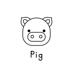 Outlined cute pig face. Little pig in cartoon style. Vector illustration