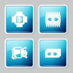 Set line CPU mining farm, Cryptocurrency bitcoin with circuit, Smart contract and icon. Vector.