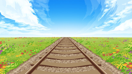 まっすぐな線路と草原の風景 背景イラスト 秋の花 Animation Poster Animati ふわぷか まっすぐな線路と草原の風景 背景イラスト 秋の花 Animation Poster Animati ふわぷか
